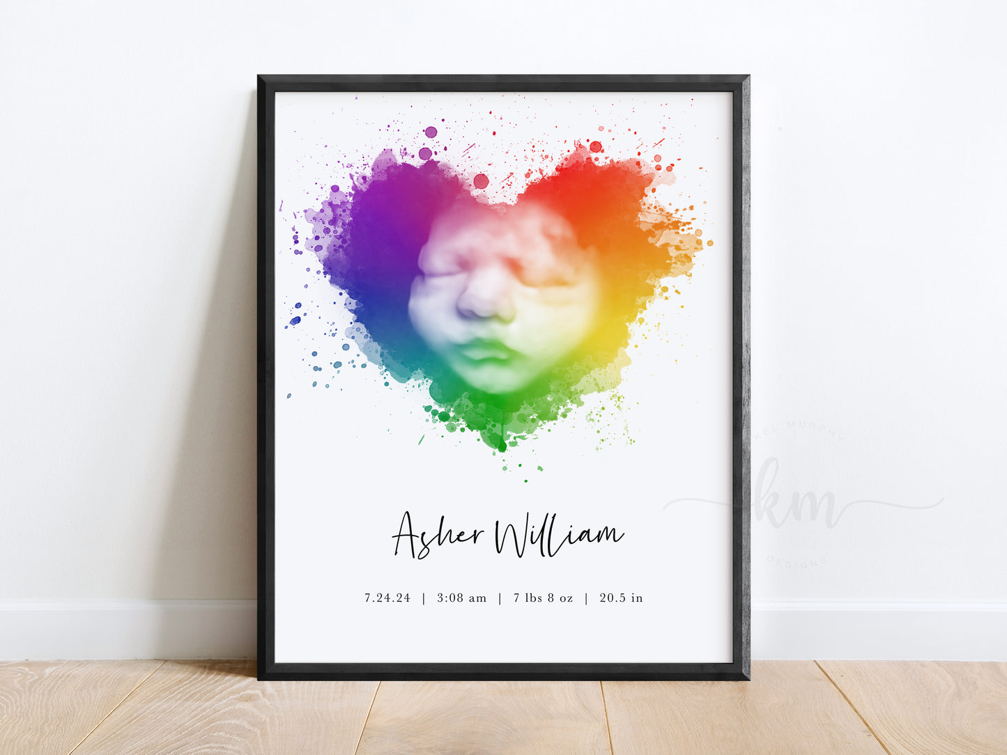 Rainbow Baby Splatter Heart Watercolor Ultrasound Art (Vertical)