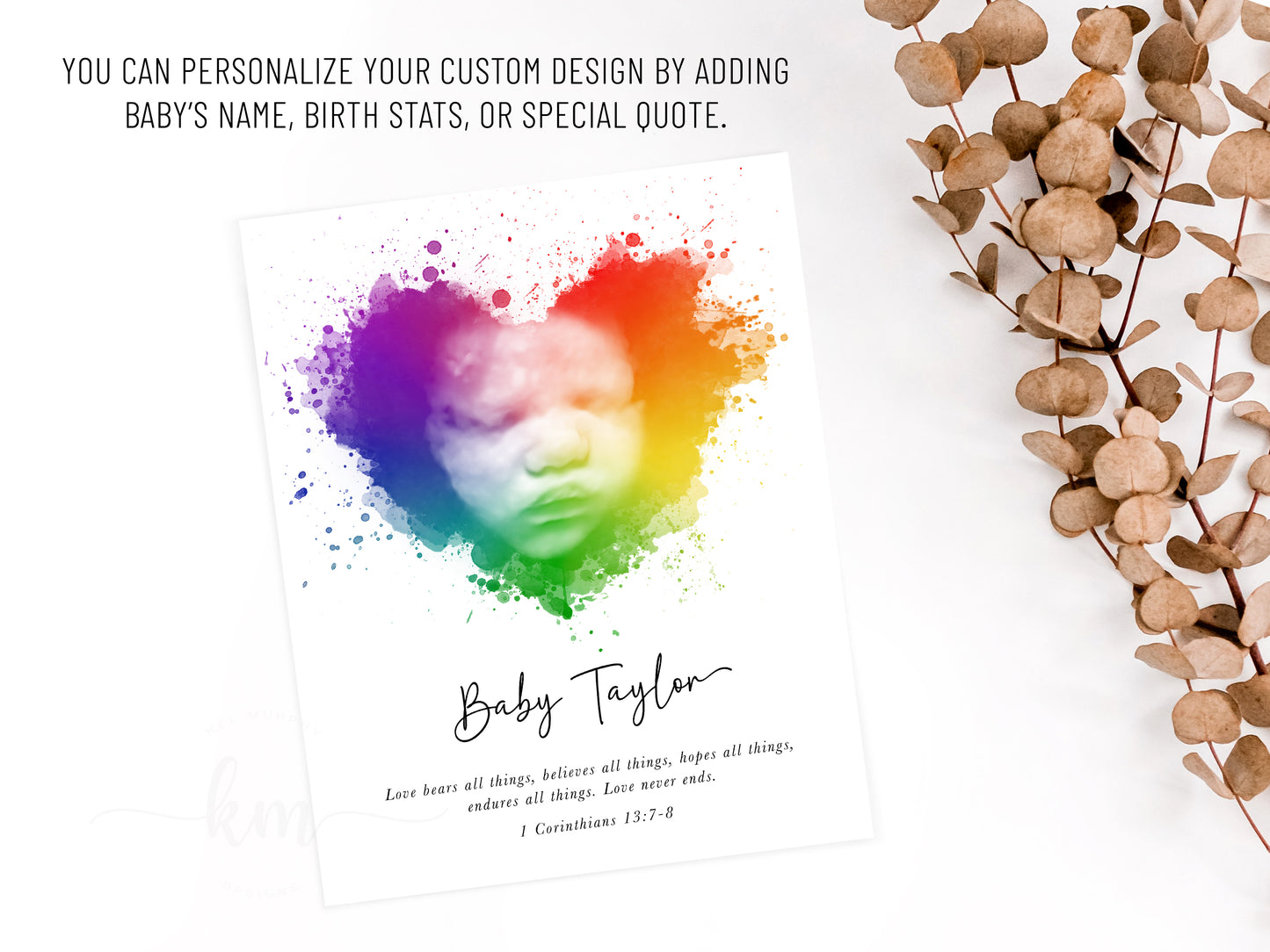 Rainbow Baby Splatter Heart Watercolor Ultrasound Art (Vertical)