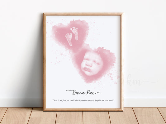 Baby Footprint Art with Watercolor Ultrasound Heart (Vertical)