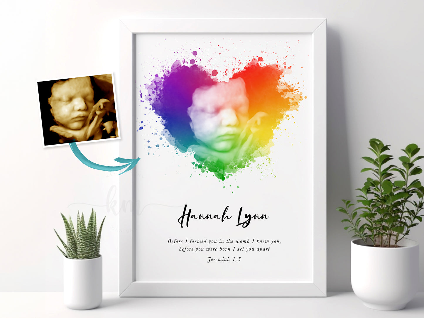 Rainbow Baby Splatter Heart Watercolor Ultrasound Art (Vertical)